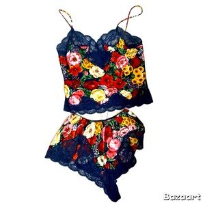Vintage Oscar De La Renta Silky Lingerie‎ lace sleep set tank top shorts Pajamas